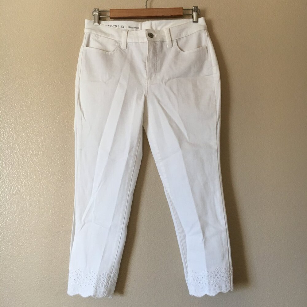 Talbots Flawless Slim Ankle White Jeans 6P Eyelet Scallop Hem Pants Stretch